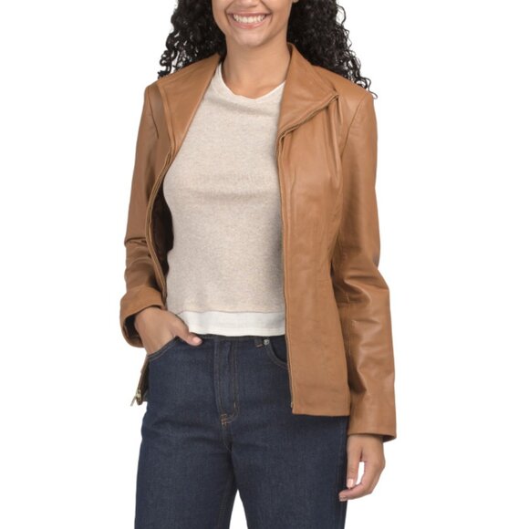 COLE HAAN Hazelnut Lambskin Leather Zip Front Jacket - Picture 1 of 2